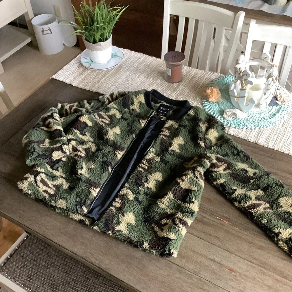 Sanctuary Camo Sherpa Jacket Full Zip Cozy Military Style ‎ Bomber Shacket XL